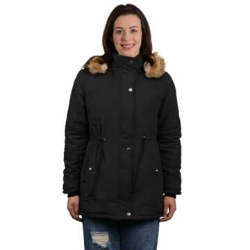 4HOW Women's Hooded Parka Puffer Jacket Thickened Fleece lined Winter Coats Long Down Windbreaker with Faux Fur Trimmed Black Size L
