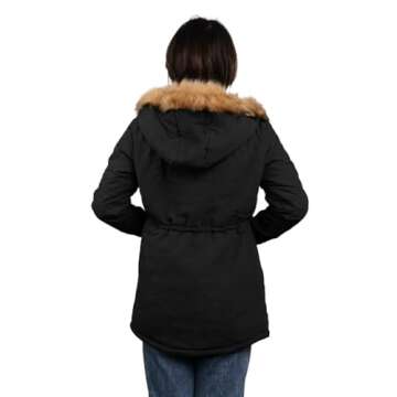 4HOW Women's Hooded Parka Puffer Jacket Thickened Fleece lined Winter Coats Long Down Windbreaker with Faux Fur Trimmed Black Size L