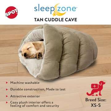 SPOT Sleep Zone Cuddle Cave - Cat Cave Bed for Indoor Cats and Mini Dogs, Durable, Comfortable, Washable for Kittens and Puppies Under 10 lbs and 12 inches Long, Tan Color
