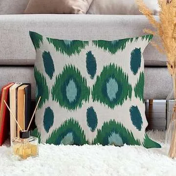 MangGou Peacock Green and Aqua Ikat Cushion Covers Antique Dark Green Bukhara Ikat Square Throw Pillow Home Decorative Farmhouse Pillow Case 20x20in White Linen (83xquxc61290)