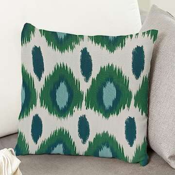 MangGou Peacock Green and Aqua Ikat Cushion Covers Antique Dark Green Bukhara Ikat Square Throw Pillow Home Decorative Farmhouse Pillow Case 20x20in White Linen (83xquxc61290)
