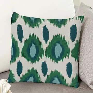 MangGou Peacock Green and Aqua Ikat Cushion Covers Antique Dark Green Bukhara Ikat Square Throw Pillow Home Decorative Farmhouse Pillow Case 20x20in White Linen (83xquxc61290)
