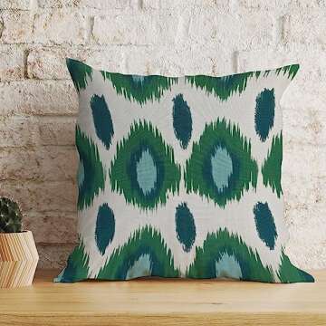 MangGou Peacock Green and Aqua Ikat Cushion Covers Antique Dark Green Bukhara Ikat Square Throw Pillow Home Decorative Farmhouse Pillow Case 20x20in White Linen (83xquxc61290)