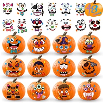 Runleo Halloween Pumpkin Decorating Stickers Kit – 48 Fun Faces for Kids DIY
