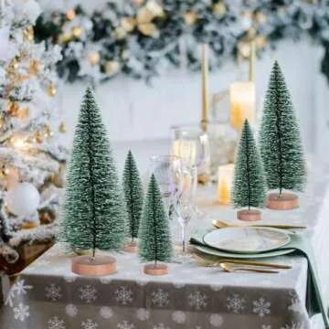 9 Pcs Mini Christmas Tree, Tabletop Christmas Tree with Wooden Bases Artificial Christmas Treewith 3 Sizes Christmas Table Decor Bottle Brush Trees for Christmas Decorations (Green Snow)