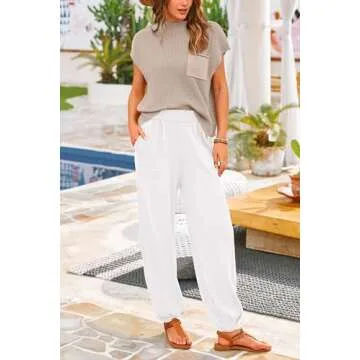 PRETTYGARDEN Women's 2 Piece Outfits Sweater Sets Knit Pullover Tops And High Waisted Pants Matching Tracksuit Sweatsuit Set (Khaki Beige White,Small)