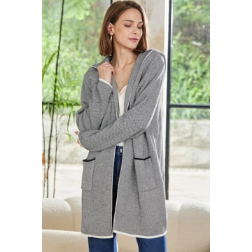 Sidefeel Cardigan Sweaters for Women Long Sleeve Open Front Contrast Fall Outfits Chunky Knit Oversized Hooded Sweaters Coat Gray Large