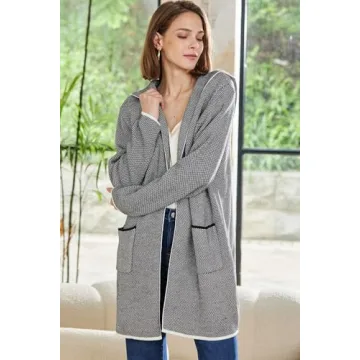 Sidefeel Cardigan Sweaters for Women Long Sleeve Open Front Contrast Fall Outfits Chunky Knit Oversized Hooded Sweaters Coat Gray Large