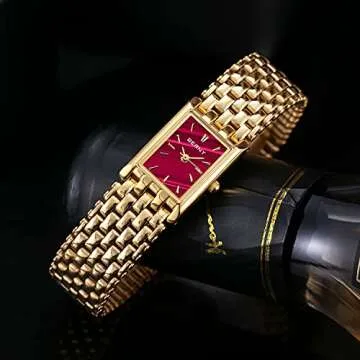 BERNY Gold Watches for Women Ladies Wrist Quartz Watches Stainless Steel Band Womens Gold Watch Luxury Casual Fashion Bracelet (Red Dial)