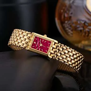 BERNY Gold Watches for Women Ladies Wrist Quartz Watches Stainless Steel Band Womens Gold Watch Luxury Casual Fashion Bracelet (Red Dial)