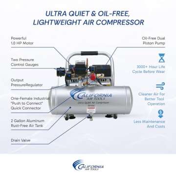 California Air Tools 2010A 1.0 HP Ultra Quiet and Oil-Free Air Compressor, 2 Gallon Aluminum Tank, 6...