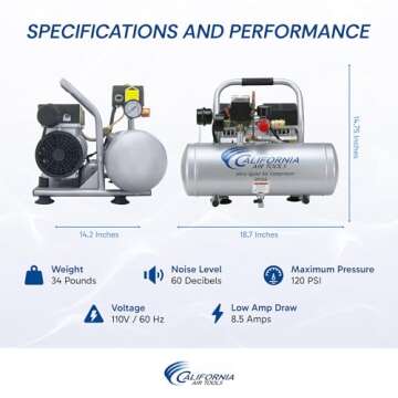 California Air Tools 2010A 1.0 HP Ultra Quiet and Oil-Free Air Compressor, 2 Gallon Aluminum Tank, 60 dBA Noise Level, Silver