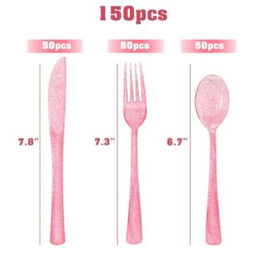 joy akkess 150 Pack Plastic Silverware, Plastic Utensils Set, Pink Plastic Silverware - 50 Pink Fork...