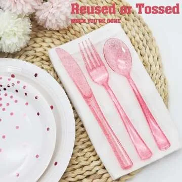 joy akkess 150 Pack Plastic Silverware, Plastic Utensils Set, Pink Plastic Silverware - 50 Pink Forks, 50 Pink Knives, 50 Pink Spoons for Brithday, Wedding, Baby Shower, Pink Party Decorations …