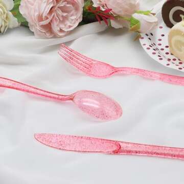 joy akkess 150 Pack Plastic Silverware, Plastic Utensils Set, Pink Plastic Silverware - 50 Pink Forks, 50 Pink Knives, 50 Pink Spoons for Brithday, Wedding, Baby Shower, Pink Party Decorations …