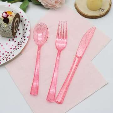 joy akkess 150 Pack Plastic Silverware, Plastic Utensils Set, Pink Plastic Silverware - 50 Pink Forks, 50 Pink Knives, 50 Pink Spoons for Brithday, Wedding, Baby Shower, Pink Party Decorations …