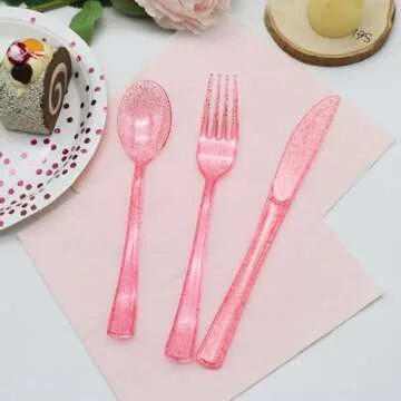 joy akkess 150 Pack Plastic Silverware, Plastic Utensils Set, Pink Plastic Silverware - 50 Pink Forks, 50 Pink Knives, 50 Pink Spoons for Brithday, Wedding, Baby Shower, Pink Party Decorations …