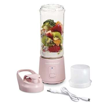Hamilton Beach Mini Cordless Portable Personal Blender for Shakes and Smoothies, USB Rechargeable, 16 oz. Jar with Leakproof Travel Lid, 6 Stainless Steel Blades, Pink (51181)