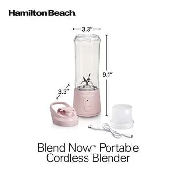 Hamilton Beach Mini Cordless Portable Personal Blender for Shakes and Smoothies, USB Rechargeable, 16 oz. Jar with Leakproof Travel Lid, 6 Stainless Steel Blades, Pink (51181)
