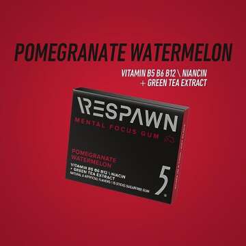 RESPAWN by 5 Gum Mental Focus Gum, Pomegranate Watermelon Sugar Free Chewing Gum, 15 Sticks