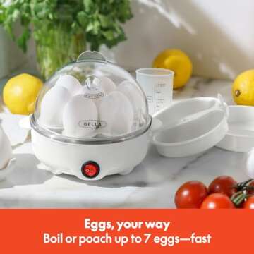 BELLA Rapid Electric Egg Cooker and Poacher with Auto Shut Off for Omelet, Soft, Medium and Hard Boiled Eggs - 7 Egg Capacity Tray, Single Stack, White