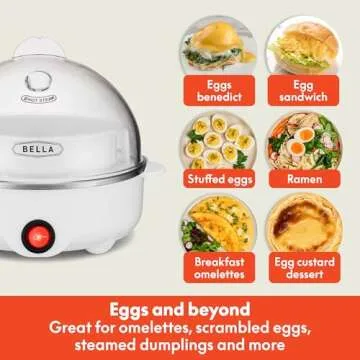 BELLA Rapid Electric Egg Cooker and Poacher with Auto Shut Off for Omelet, Soft, Medium and Hard Boiled Eggs - 7 Egg Capacity Tray, Single Stack, White