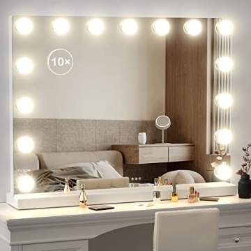 Gvnkvn 22.8 x 18.2 Large Vanity Makeup Mirror with Lights, 10X Magnification, USB Charger, Tabletop ...