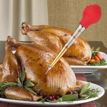 Turkey Baster, Turkey Basters with Sauce Brush, Cleaning Brush and Needle, Multipurpose Practical Baster Tool for Cooking, Flavor Meat Poultry, Beef, Chicken (Red)