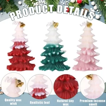 3pcs Christmas Tree Shape Candle with Bell, Christmas Themed Candle Christmas Scented Candle for Relaxation Party Holiday New Year Gift Decoration (Red, Pink, Green)