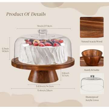 Farmyards Acacia Wood Cake Display Stand with Acrylic Dome Lid - 2-in-1 Footed Round Cake Holder, Ca...