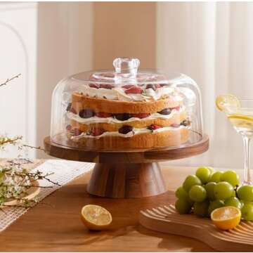 Farmyards Acacia Wood Cake Display Stand with Acrylic Dome Lid - 2-in-1 Footed Round Cake Holder, Cake Plate Display with Cover for Baking Gifts, Large Dessert Table Display Set & Charcuterie Board