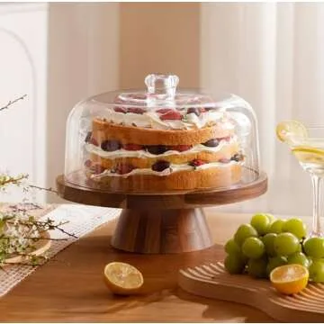 Famyards Acacia Wood Cake Stand with Dome Lid - 2-in-1 Display