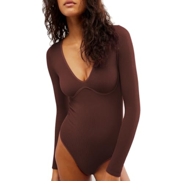 CHYRII Womens Sexy V Neck Bodysuit Basic Ribbed Long Sleeve Shirt Fall Tops Coffee XS