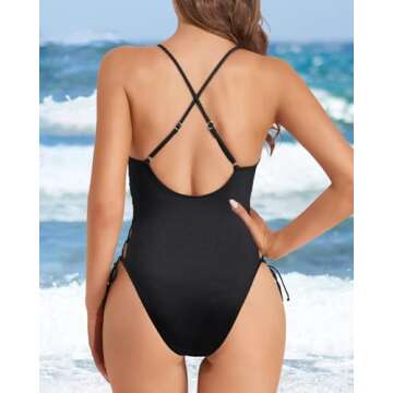 Tempt Me Women Black Sexy Lace Up One Piece Swimsuit Deep Plunge V Neck High Cut Bathing Suits L