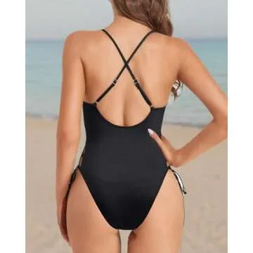 Tempt Me Women Black Sexy Lace Up One Piece Swimsuit Deep Plunge V Neck High Cut Bathing Suits L