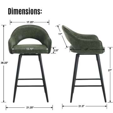 LukeAlon PU Leather Swivel Counter Stools Set of 4, Open Back 27" Seat Height Low Bar Stools with Metal Legs Modern Kitchen Stools with Footrest for Home Bar Dining Room, Green