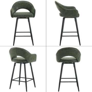 LukeAlon PU Leather Swivel Counter Stools Set of 4, Open Back 27" Seat Height Low Bar Stools with Metal Legs Modern Kitchen Stools with Footrest for Home Bar Dining Room, Green