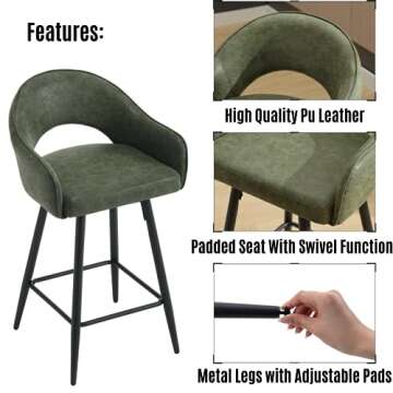 LukeAlon PU Leather Swivel Counter Stools Set of 4, Open Back 27" Seat Height Low Bar Stools with Metal Legs Modern Kitchen Stools with Footrest for Home Bar Dining Room, Green