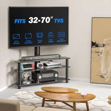 Rfiver Corner Swivel Glass TV Stand with Mount for 32-70 Inch Screen TV up to 110lbs, Height Adjustable Corner TV Stand with Mount, Entertainment Center with TV Mount and 3-Tier Storage for AV Media