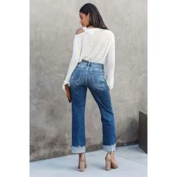 Fooullaide Women's High Waisted Crossover Jeans - Stylish & Comfortable