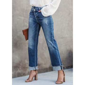 Fooullaide Women's High Waisted Crossover Jeans - Stylish & Comfortable