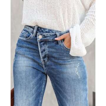 Fooullaide Women's High Waisted Crossover Jeans - Stylish & Comfortable