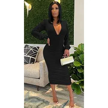 GOBLES Women's Sexy Deep V Neck Long Sleeve Ruched Bodycon Midi Party Dress Black