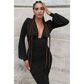 GOBLES Women's Sexy Deep V Neck Long Sleeve Ruched Bodycon Midi Party Dress Black