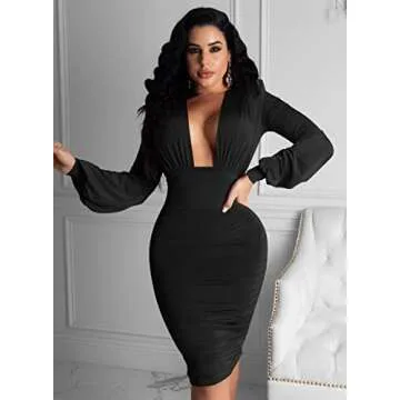 GOBLES Women's Sexy Deep V Neck Long Sleeve Ruched Bodycon Midi Party Dress Black