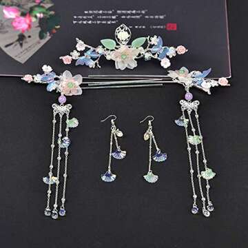 Zhaocaimao Handmade Headwear Set: Vintage Hair Sticks with Long Tassels, Hair Comb, Earrings - Chine...