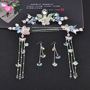 Zhaocaimao Handmade Headwear Set: Vintage Hair Sticks with Long Tassels, Hair Comb, Earrings - Chine...