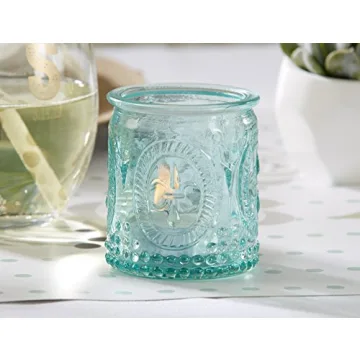 Kate Aspen Vintage Blue Glass Tealight & Votive Candle (Set of 4) Fleur-de-lis Tea Light Holders, 4 Count