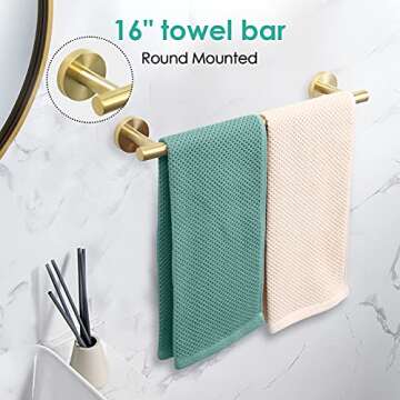 Bathroom Hardware Set, 304 Stainless Steel Towel Bar Set - Include 16'' Hand Towel Bar, Toilet Paper Holder, 3 Towel Hooks, Round Wall Mounted Bathroom Accessories (Gold)