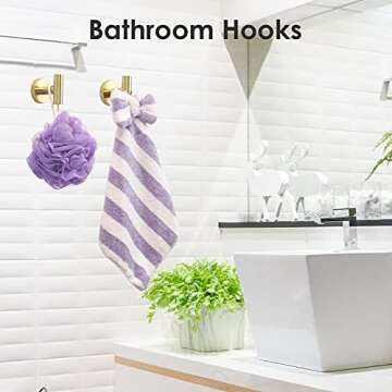 Bathroom Hardware Set, 304 Stainless Steel Towel Bar Set - Include 16'' Hand Towel Bar, Toilet Paper Holder, 3 Towel Hooks, Round Wall Mounted Bathroom Accessories (Gold)